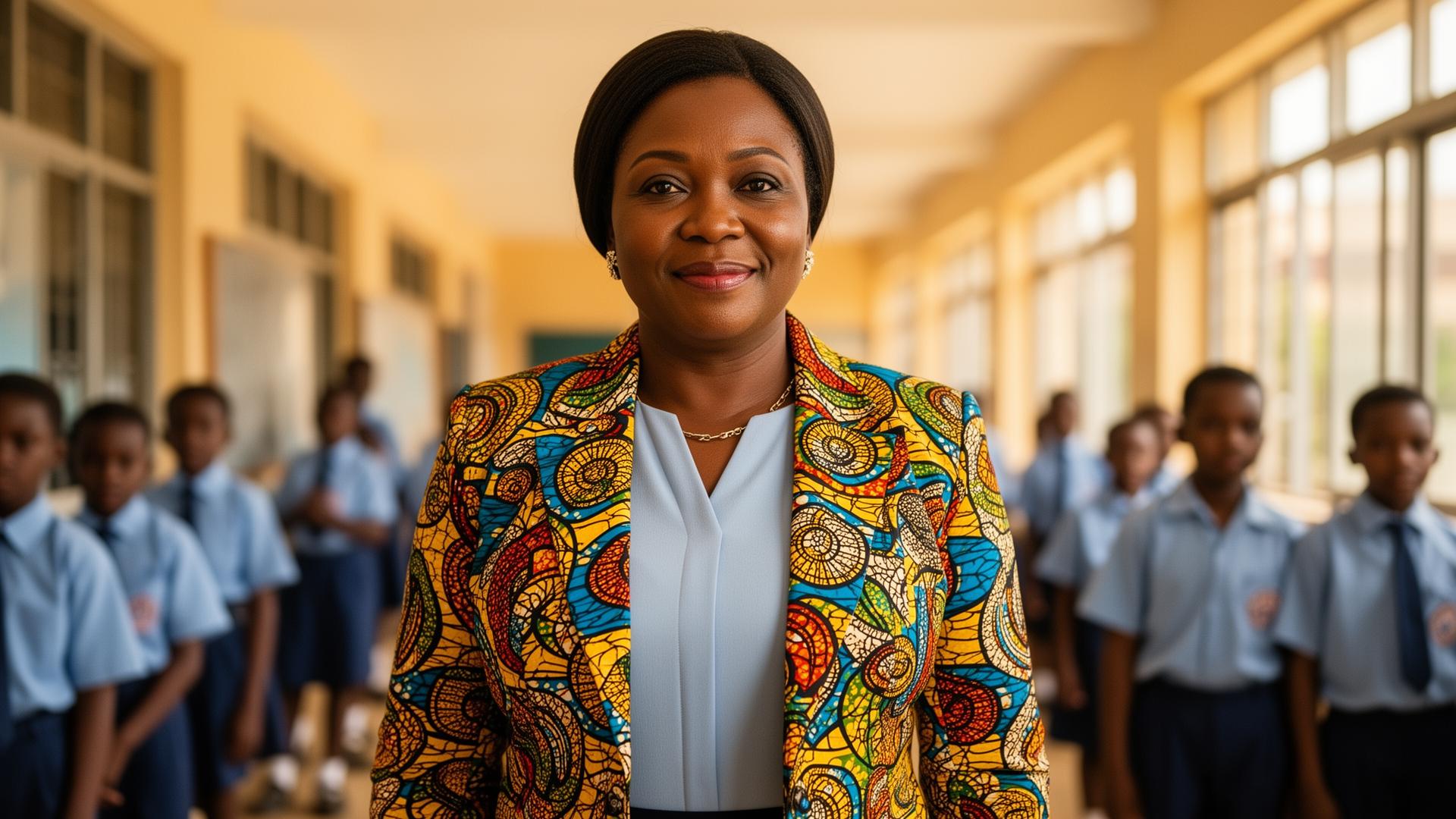 African school principal leading her students